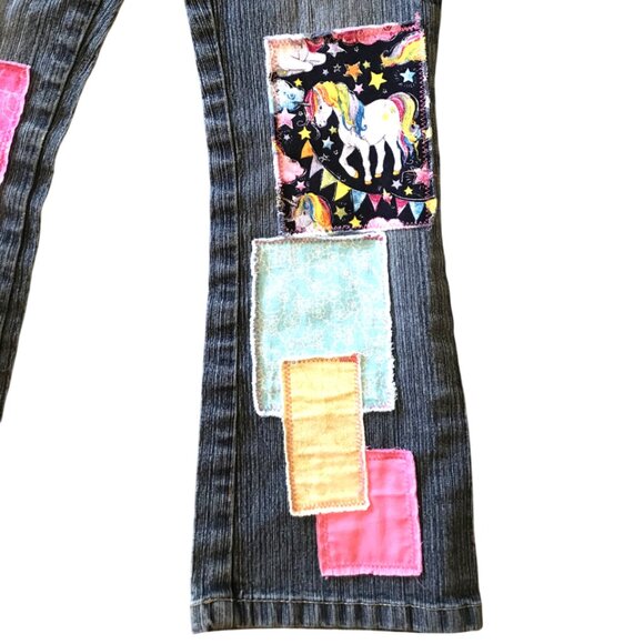 Child’s Upcycled Patch Jeans, Size 6X: Elastic Waist, Handmade Unicorn Patchwork - Picture 5 of 15